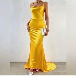 Yellow Satin Spaghetti Strap Mermaid Evening Gown